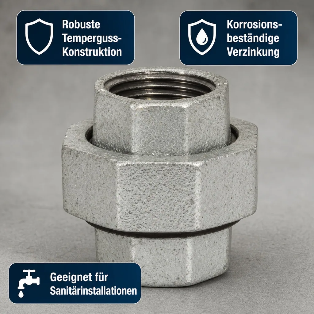 Verschraubung Temperguss, Gewindefitting 3/8 Zoll, konisch dichtend, verzinkt