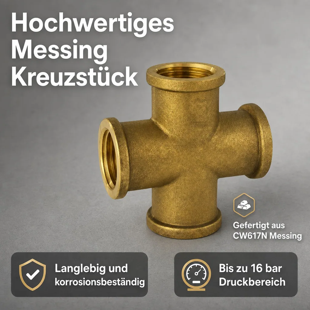 Messing Fitting, Gewindefitting Messing Kreuzstück 1/2" IG, Sanitär, Heizung, Trinkwasser