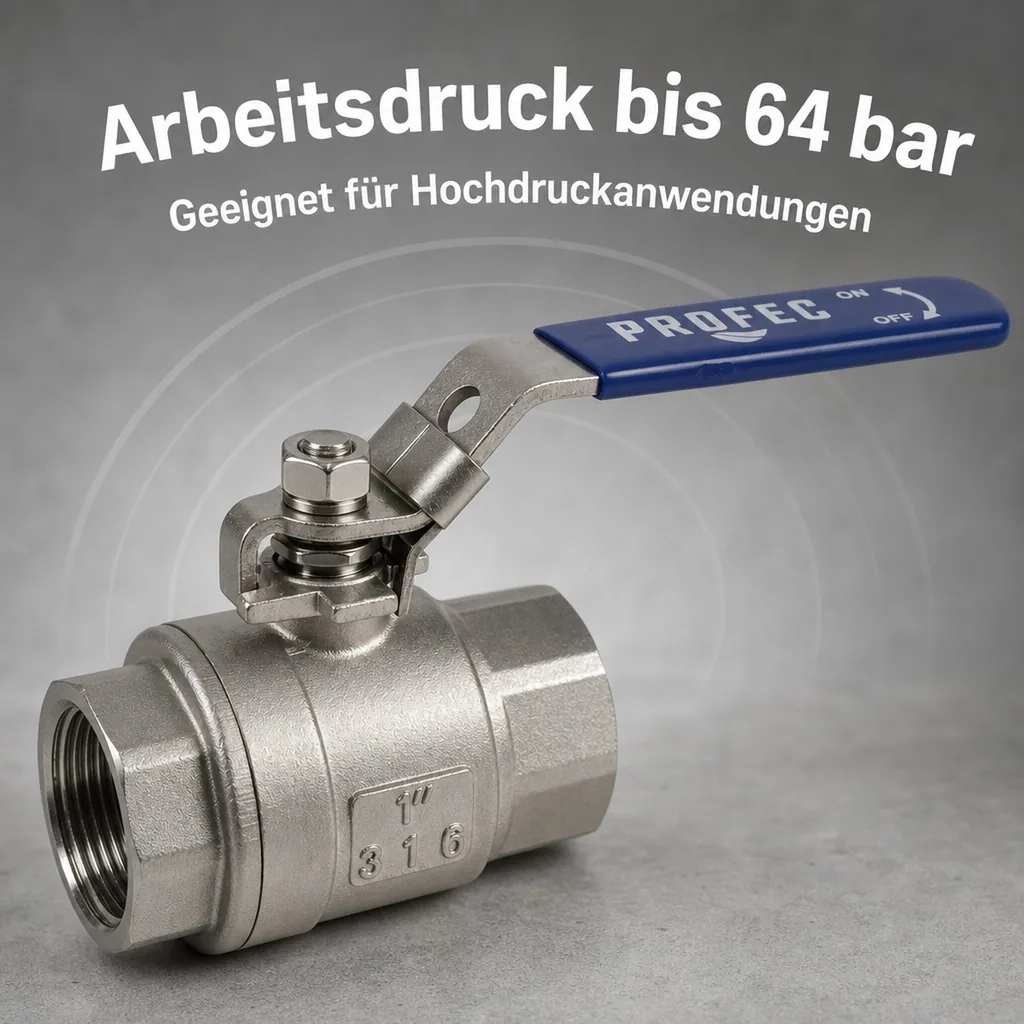 Kugelhahn Edelstahl, Wasserabsperrhahn, 1 1/2 Zoll Innengewinde, Edelstahl 316, 64 bar