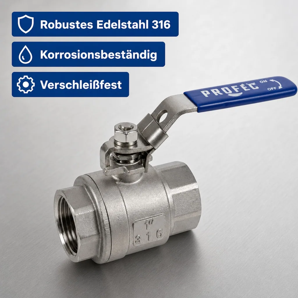 Kugelhahn Edelstahl, Absperrhahn Wasser, 2 Zoll Innengewinde, Hochdruck