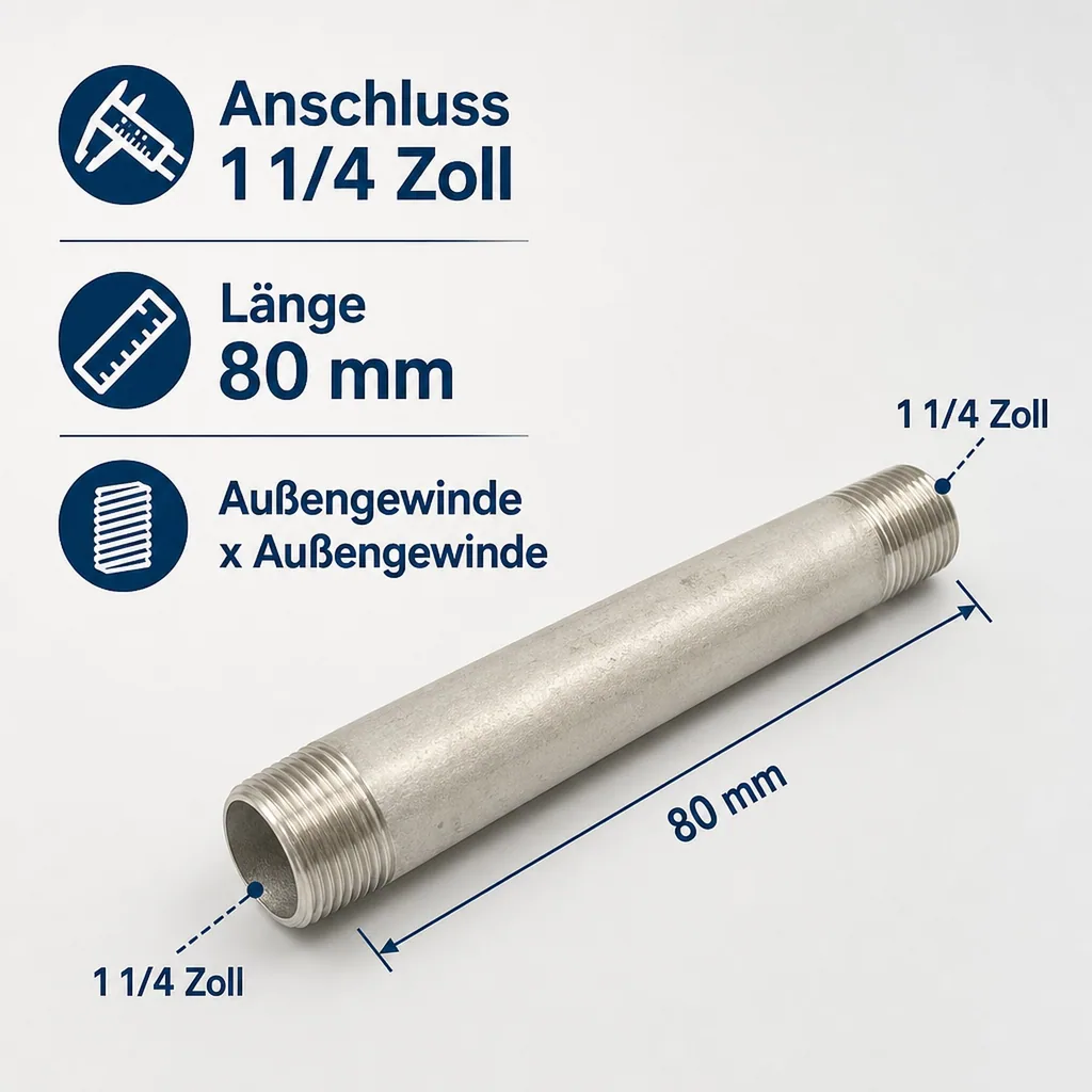 Edelstahl Rohrnippel, Gewindefitting, 1 1/4 Zoll AG 80mm