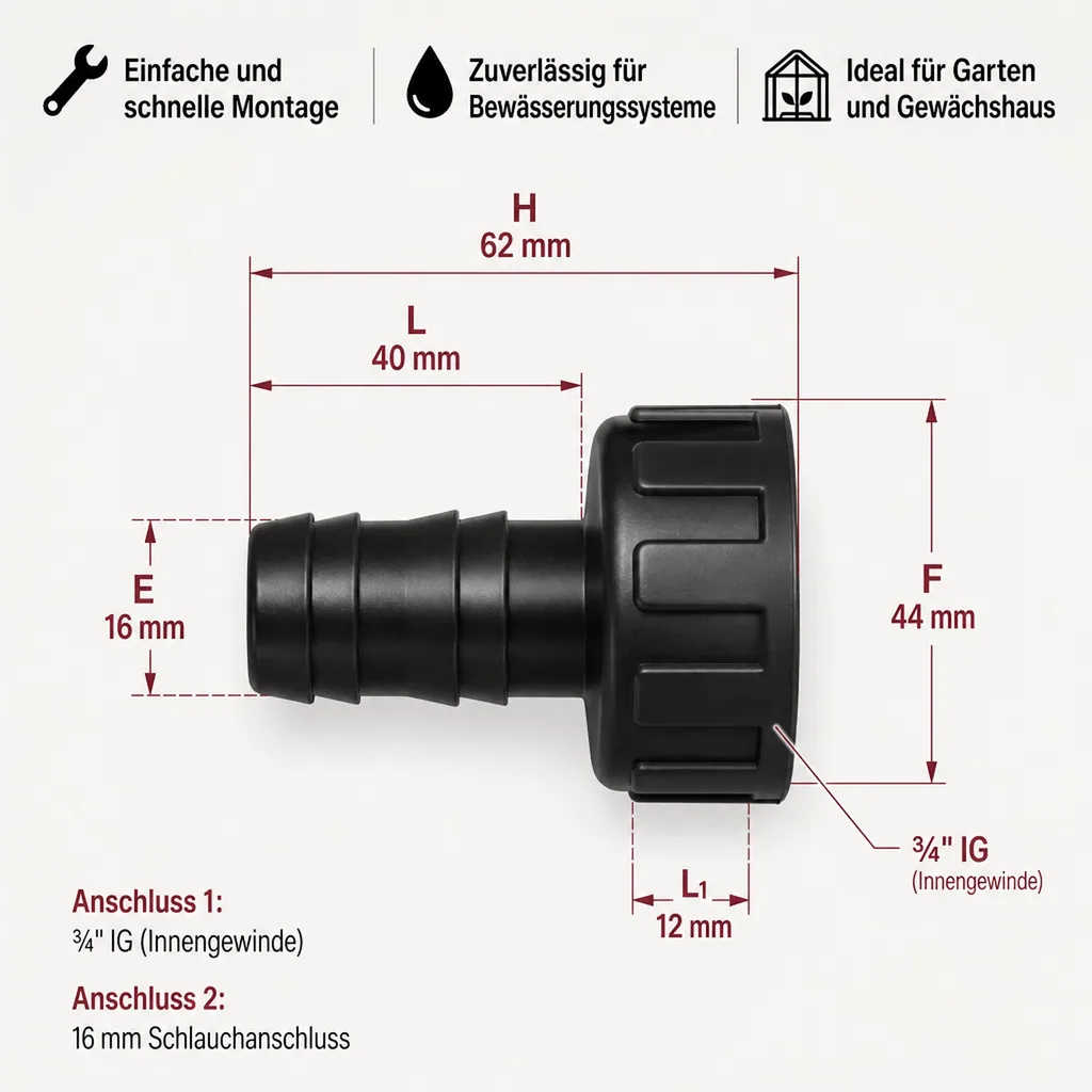 PVC Schlauchtülle mit Überwurfmutter, ¾" IG x 16 mm
