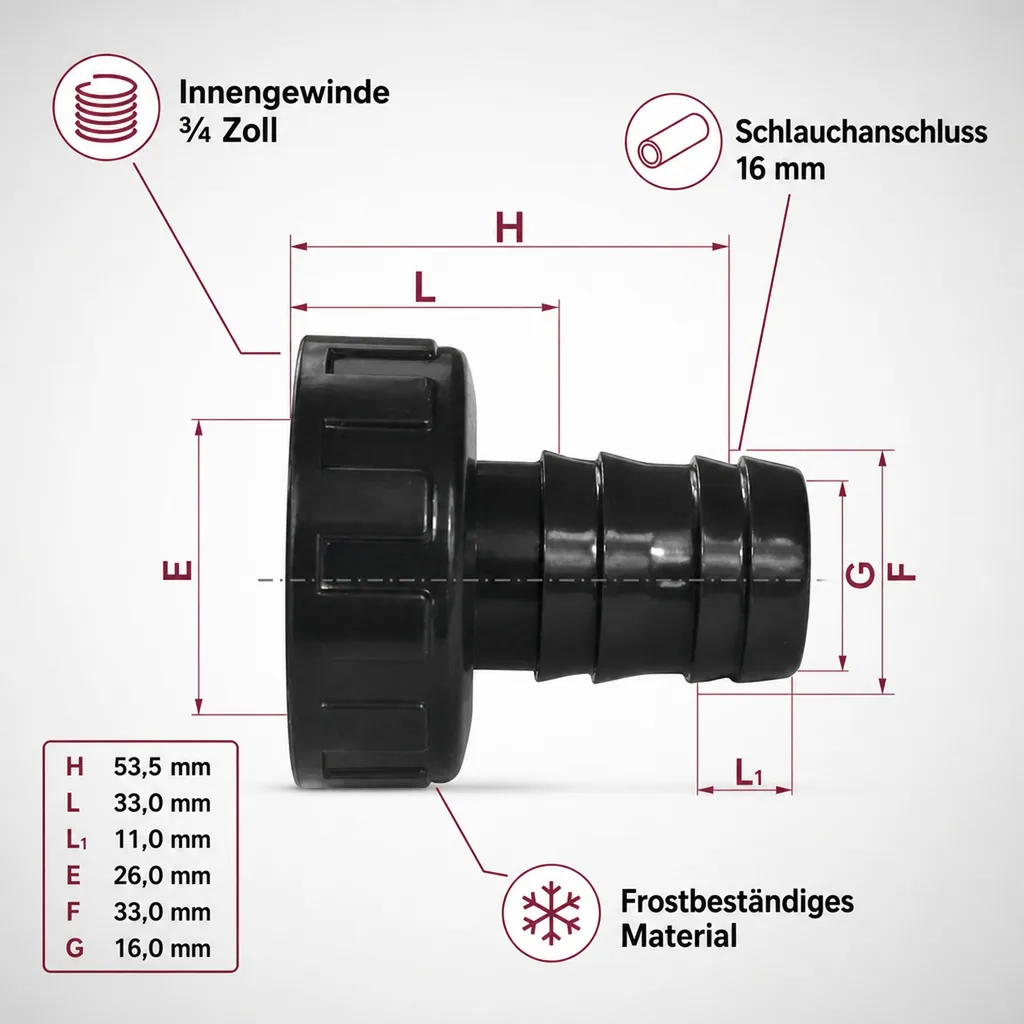 PVC Schlauchtülle mit Überwurfmutter, ¾" IG x 16 mm