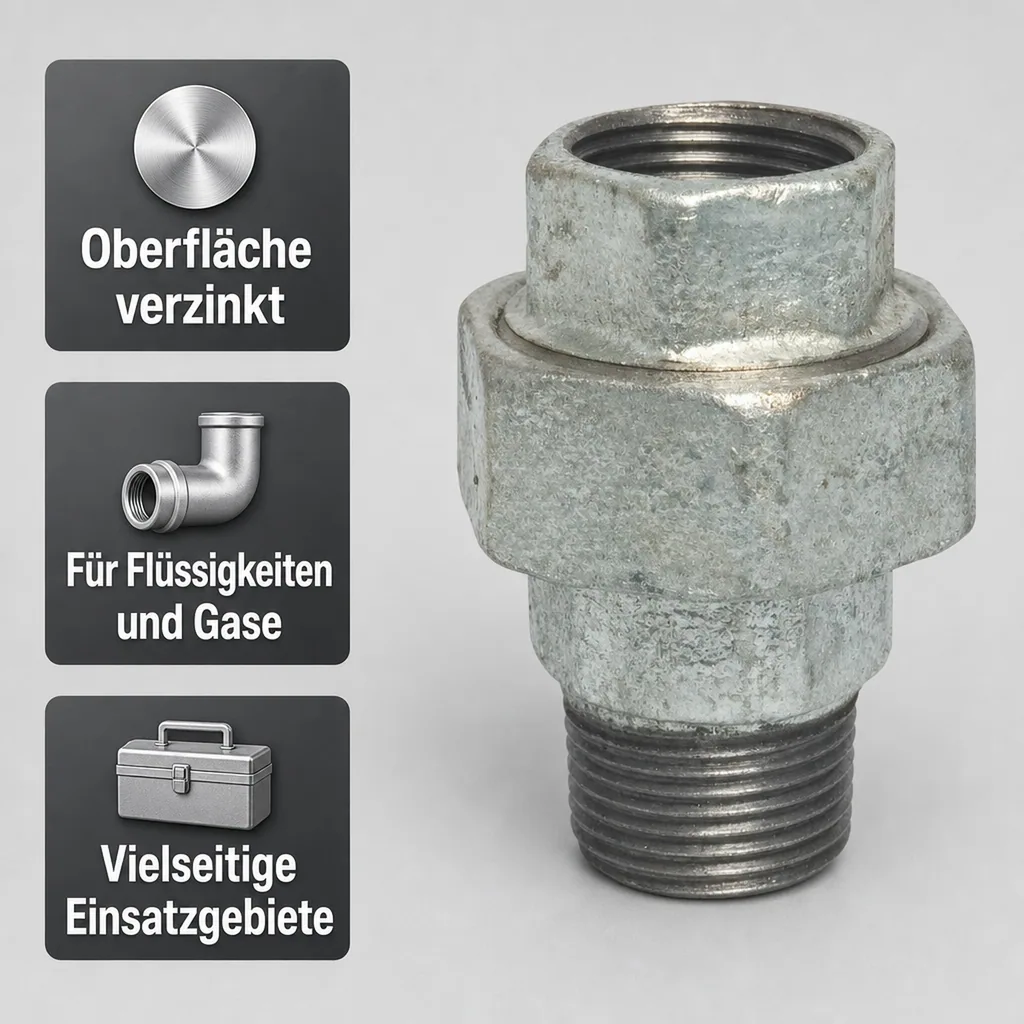 Gewindefitting Temperguss Verschraubung Typ Flach 1/2" IG x 1/2" AG