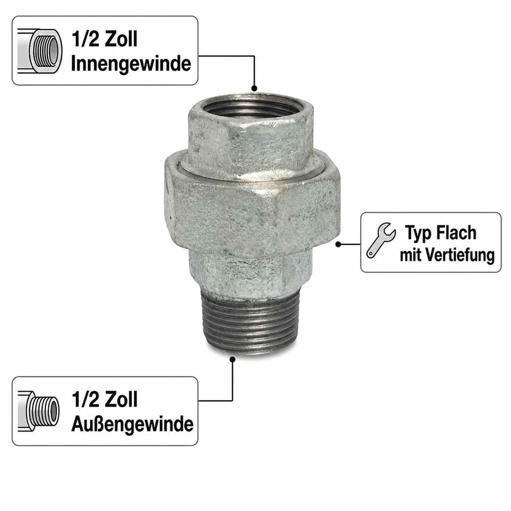 Gewindefitting Temperguss Verschraubung Typ Flach 1/2" IG x 1/2" AG