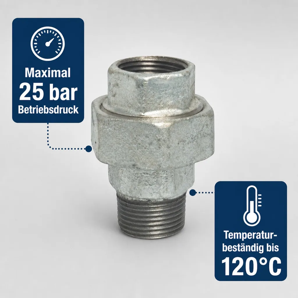 Gewindefitting Temperguss Verschraubung, Flachfitting 1'' IG x 1'' AG