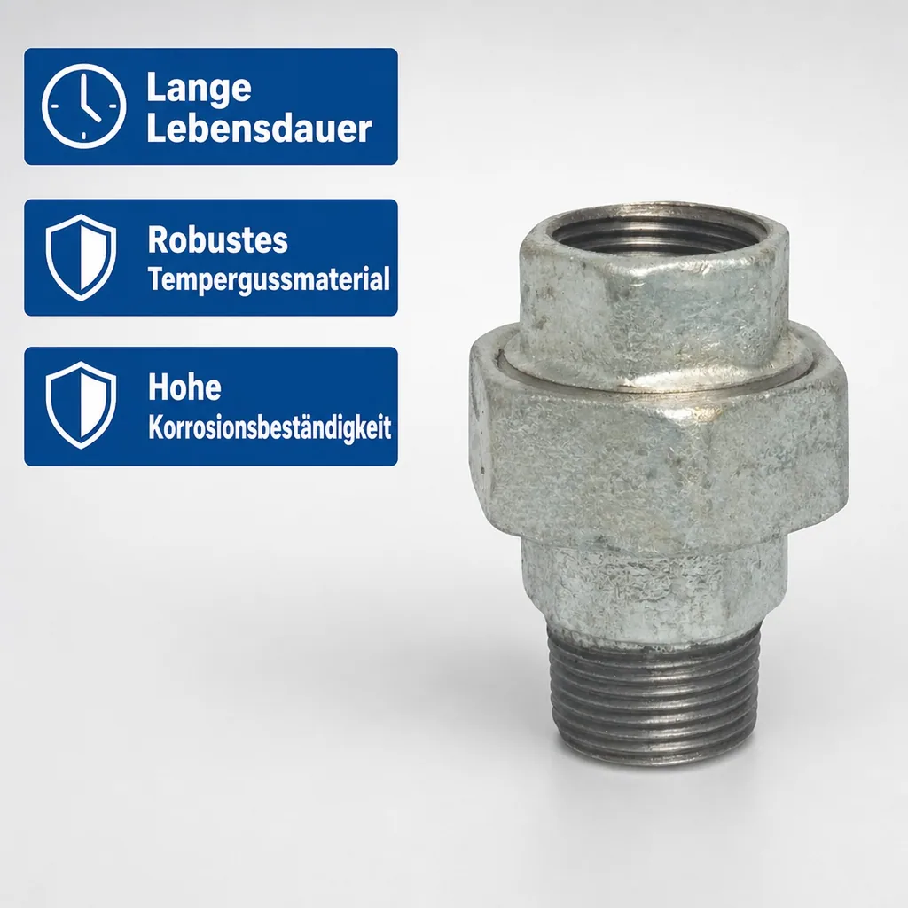 Gewindefitting Temperguss Verschraubung, Flachfitting 1'' IG x 1'' AG