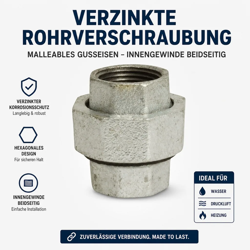 Gewindefitting Temperguss, Verschraubung konisch, 1 1/4 Zoll IG x 1 1/4 Zoll IG, verzinkt