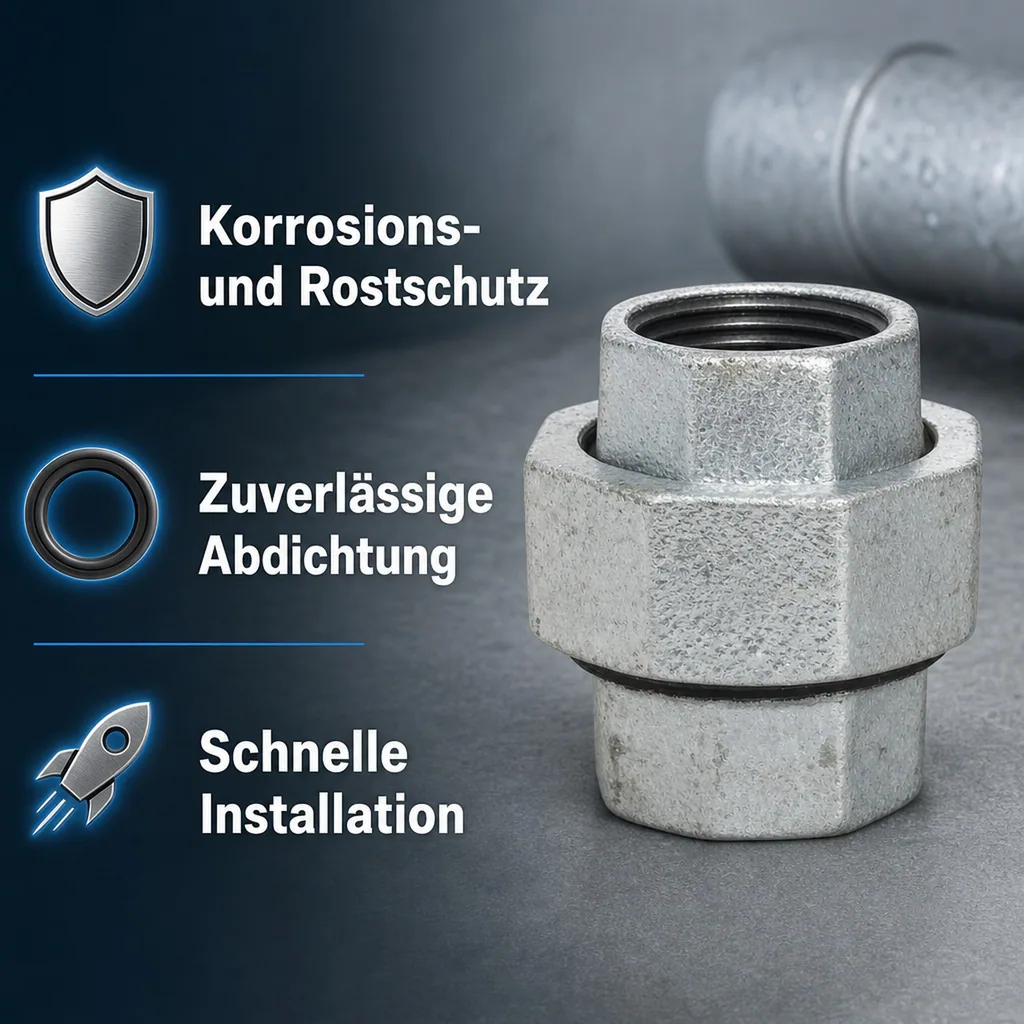 Gewindefitting Temperguss, Verschraubung konisch, 1 1/4 Zoll IG x 1 1/4 Zoll IG, verzinkt