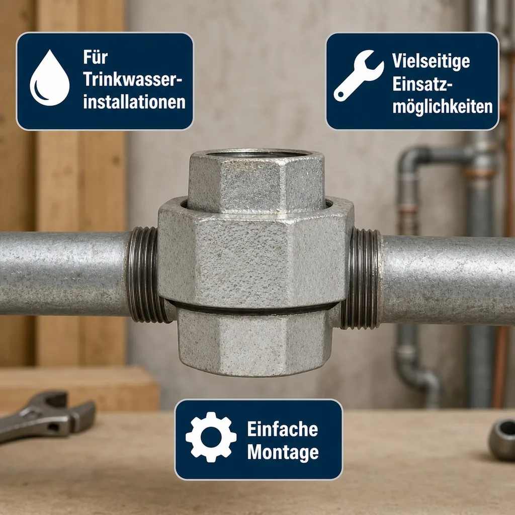 Gewindefitting Temperguss, Verschraubung konisch, 1 1/4 Zoll IG x 1 1/4 Zoll IG, verzinkt