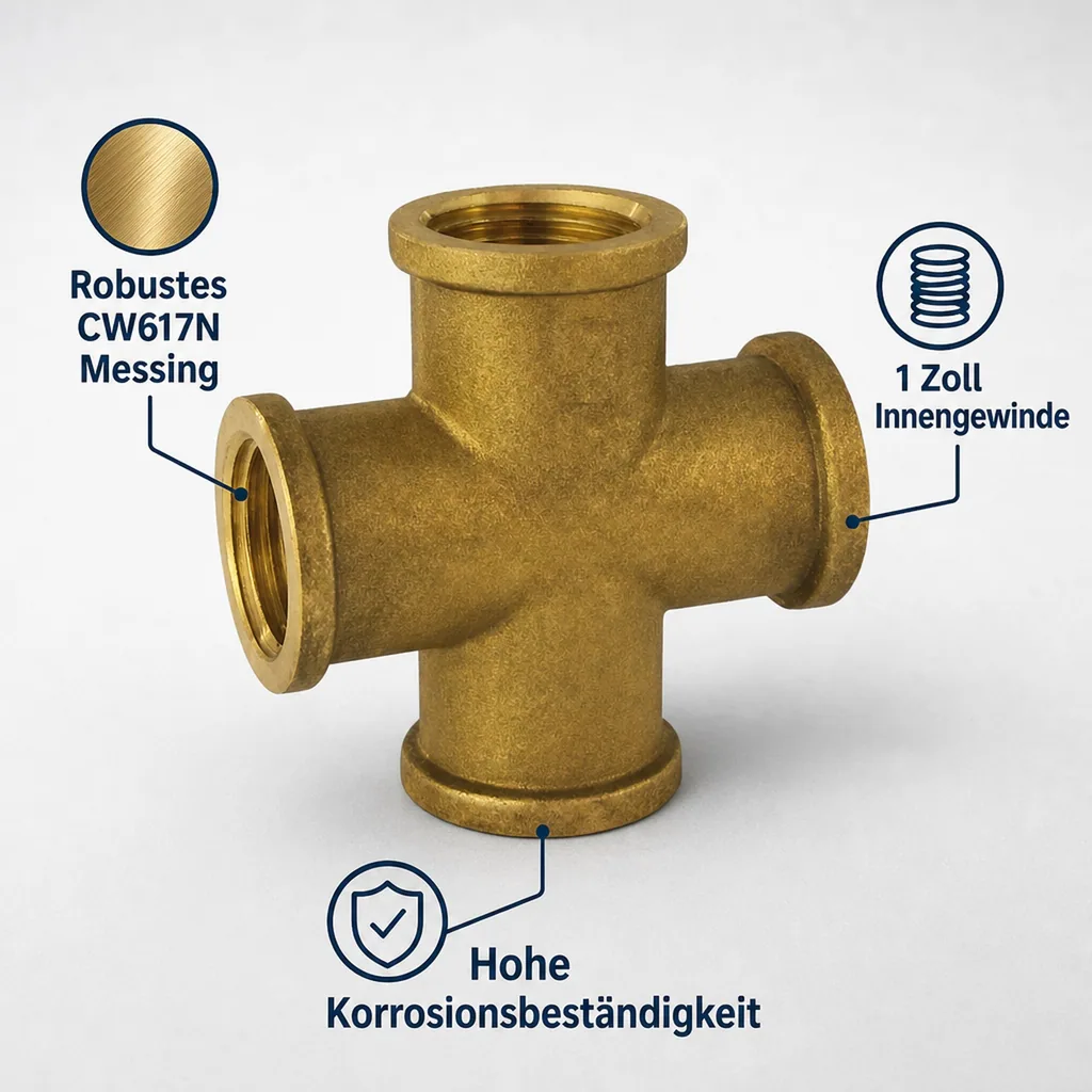 Messing Fitting, Gewindefitting Messing, Kreuzstück 1 Zoll IG, Sanitär, Heizung
