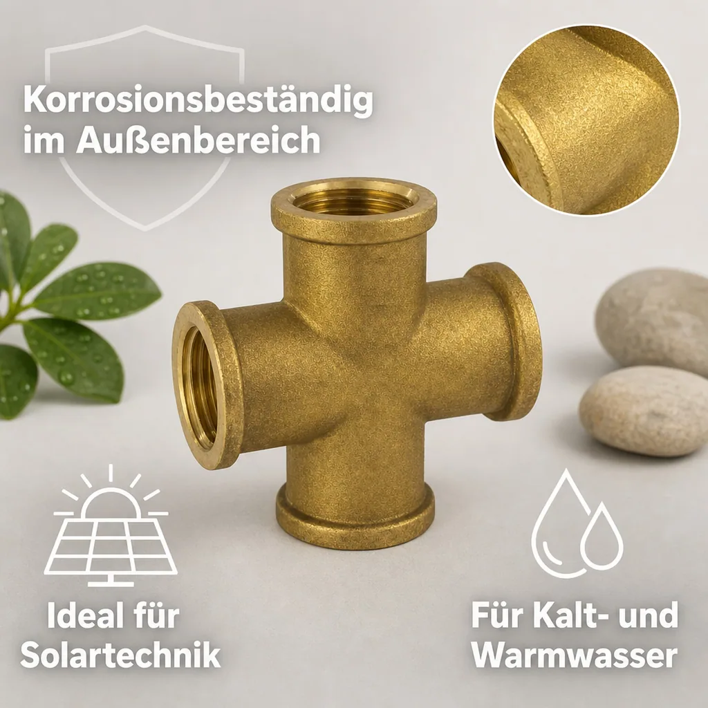Messing Fitting, Gewindefitting Messing, Kreuzstück 1 Zoll IG, Sanitär, Heizung