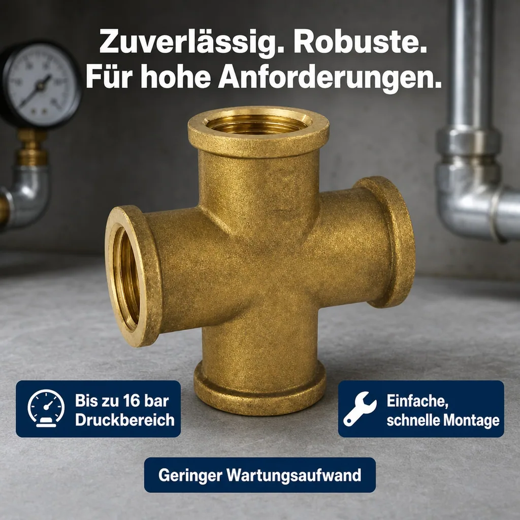 Messing Fitting, Gewindefitting Messing, Kreuzstück 1 Zoll IG, Sanitär, Heizung