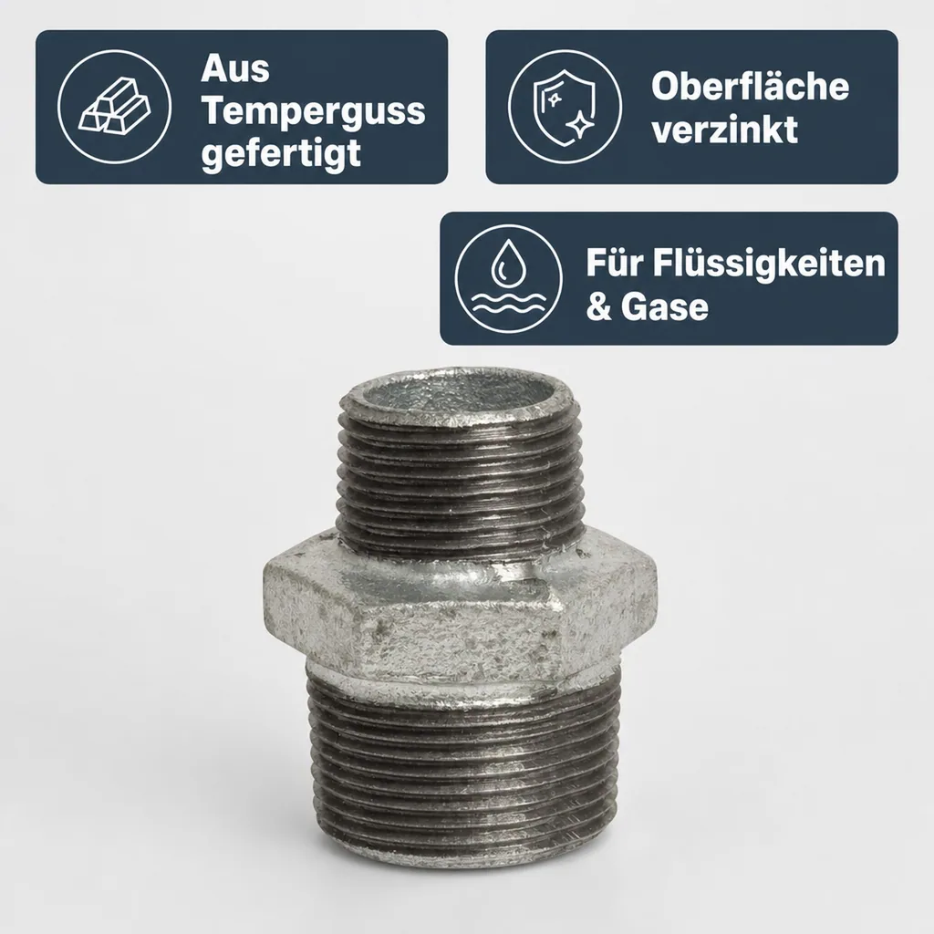 Gewindefitting Temperguss Reduziernippel 2" AG x 1 1/2" AG