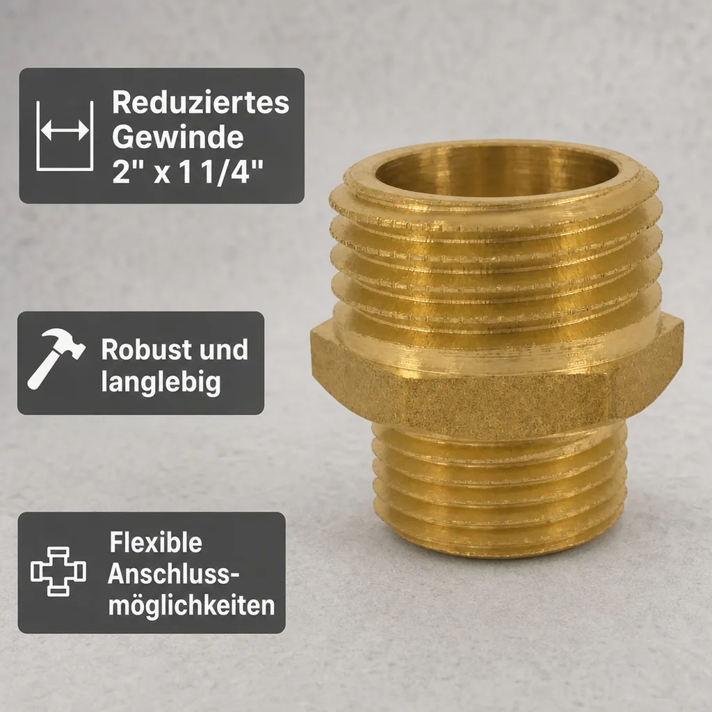 Doppelnippel reduziert, Gewindefitting Messing, 2" AG x 1 1/4" AG