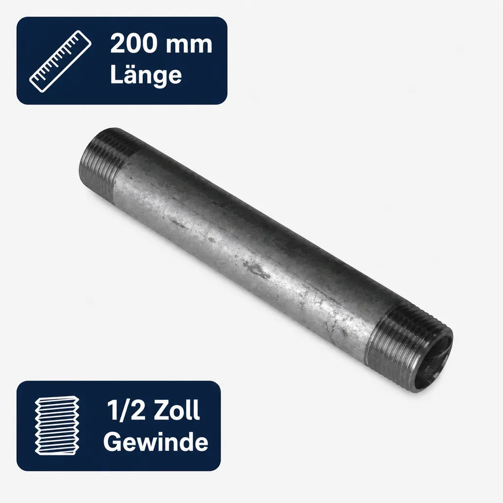 Rohrnippel verzinkt, Gewindefitting, 1/2 Zoll AG x 1/2 Zoll AG, 200 mm