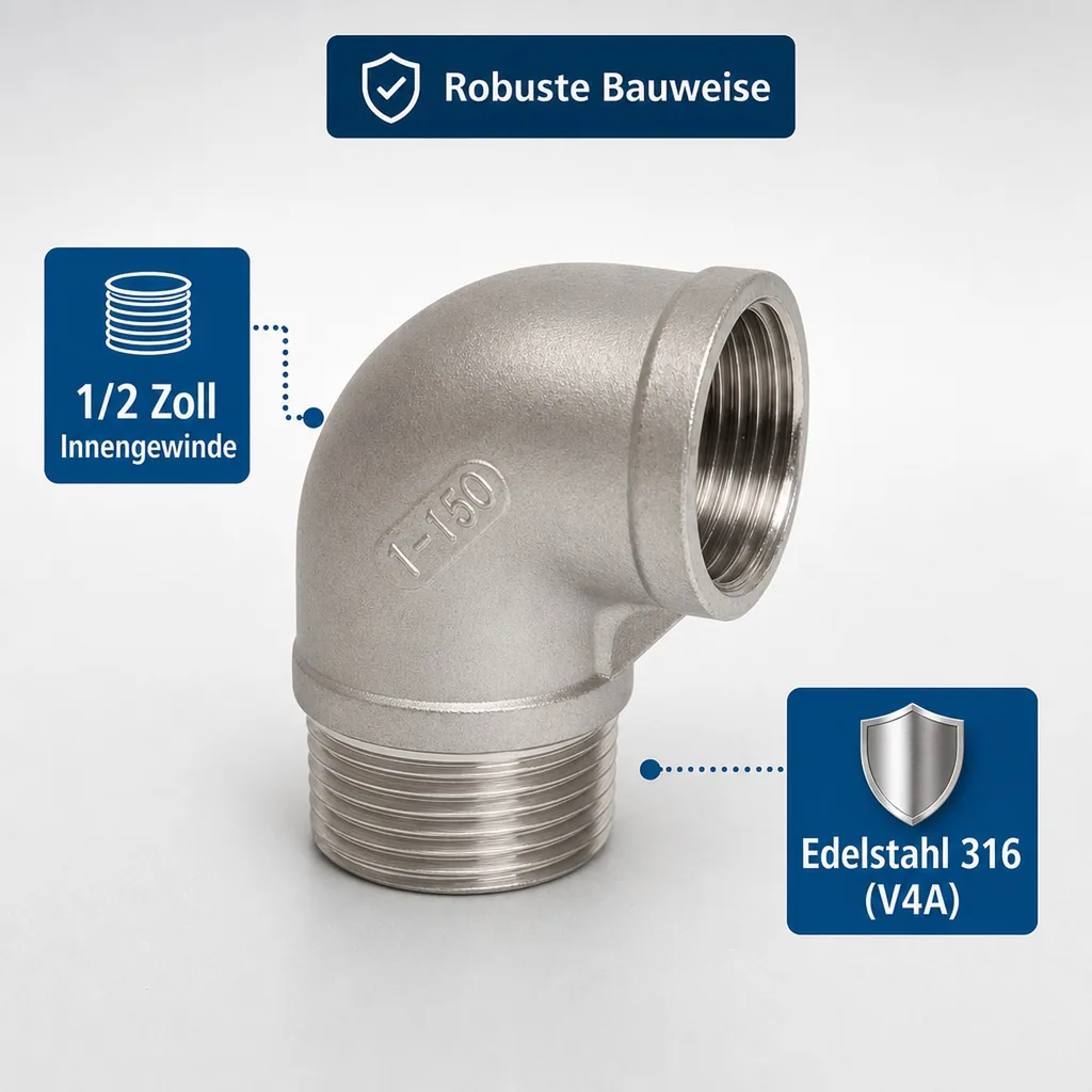 Edelstahl Winkel 90 Grad, Gewindefitting Edelstahl, 1/2 Zoll