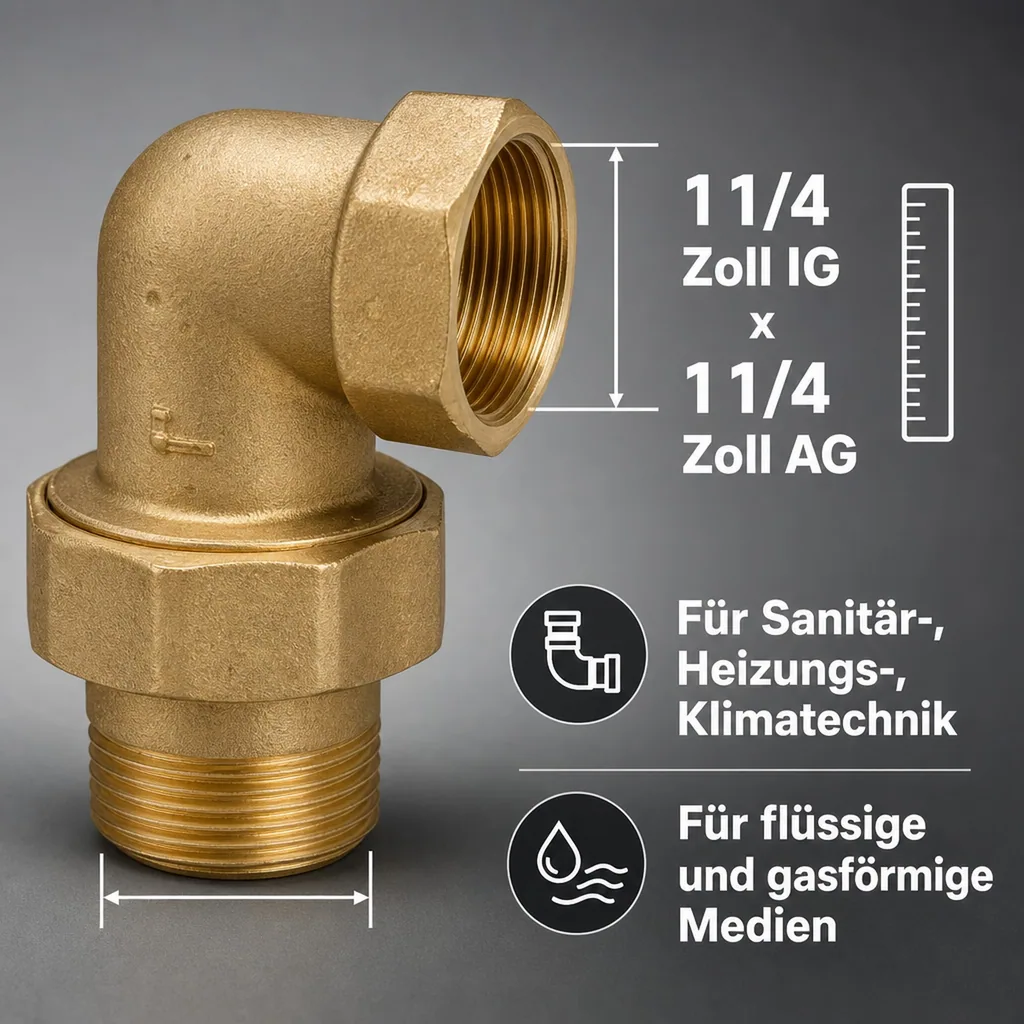 Gewindefitting Messing Radiator Winkelstück 90° 1 1/4" IG x 1 1/4" AG Typ Konischdichtend