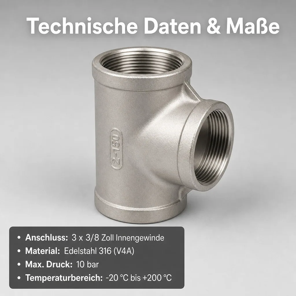 Gewindefitting Edelstahl T-Stück 90° 3/8" IG