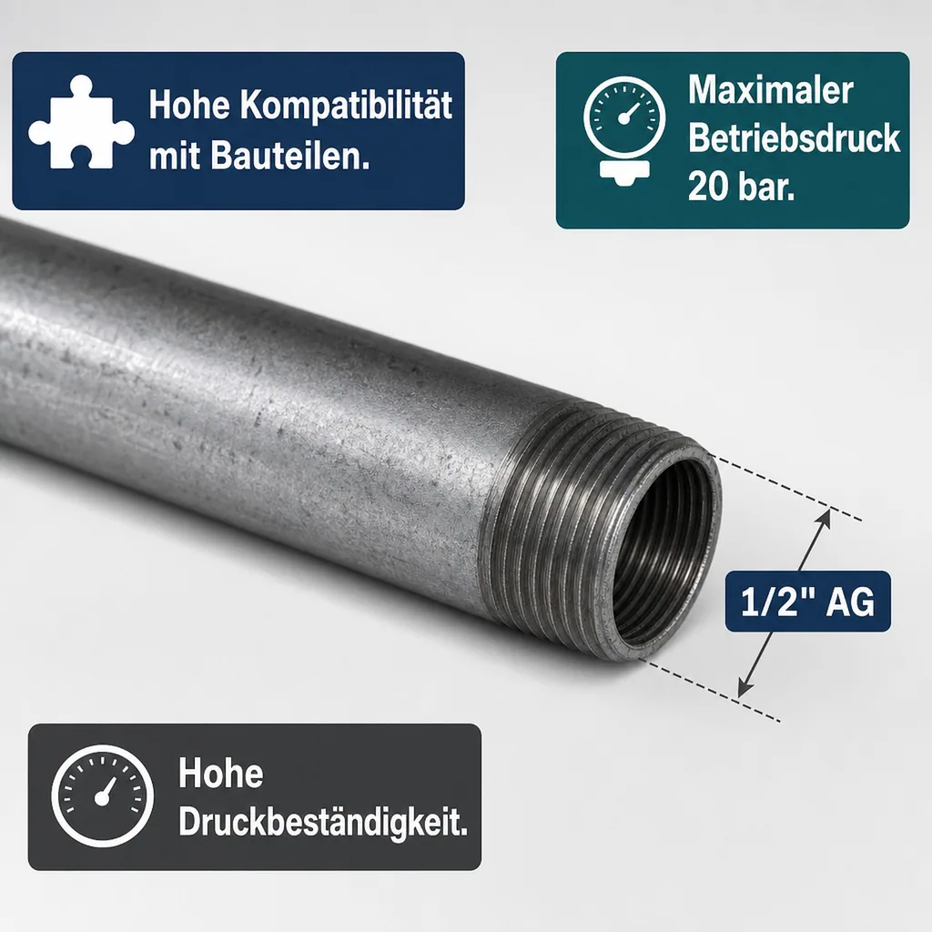 Rohrnippel verzinkt, Gewindefitting, 1/2 Zoll AG x 1/2 Zoll AG, 1000 mm