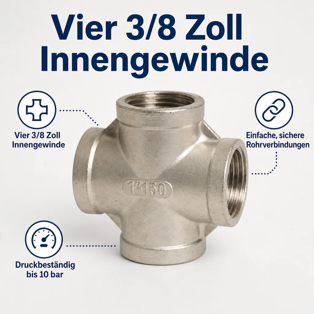 Edelstahlfitting, Gewindefitting Edelstahl, Kreuzstück 90°, 3/8" IG, V4A Fitting