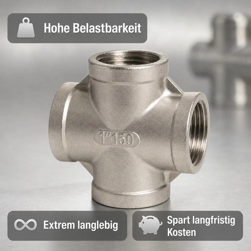 Edelstahlfitting, Gewindefitting Edelstahl, Kreuzstück 90°, 3/8" IG, V4A Fitting
