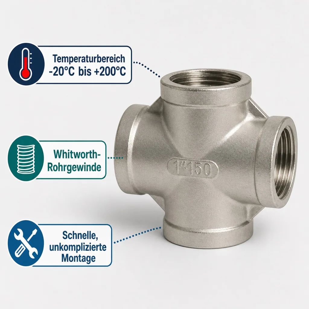 Edelstahlfitting, Gewindefitting Edelstahl, Kreuzstück 90°, 3/8" IG, V4A Fitting