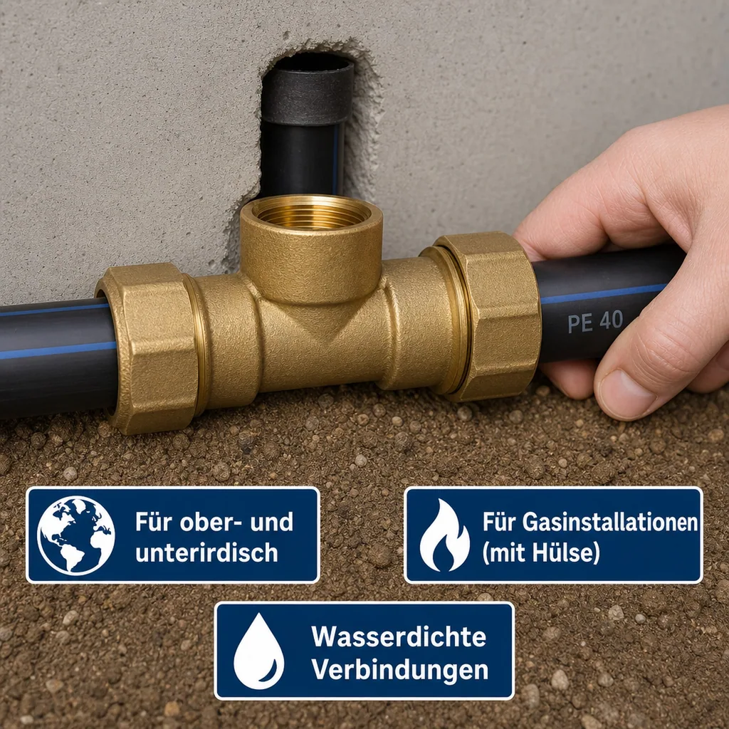 PE Rohr Verschraubung, Messing T-Stück IG 40mm x 1 1/4", Trinkwasser, DVGW Zulassung