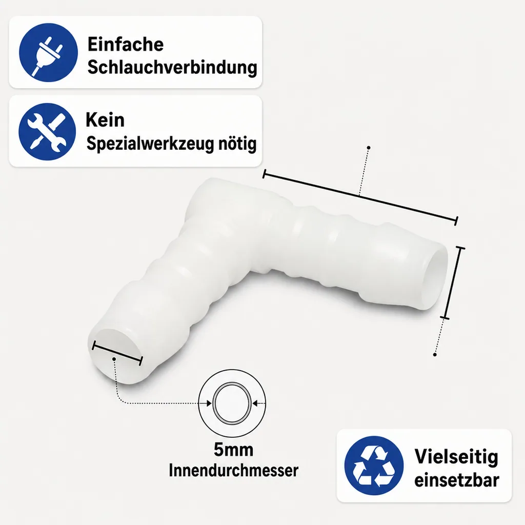 Schlauchverbinder 5mm, Kunststoffwinkel, 90 Grad Verbinder