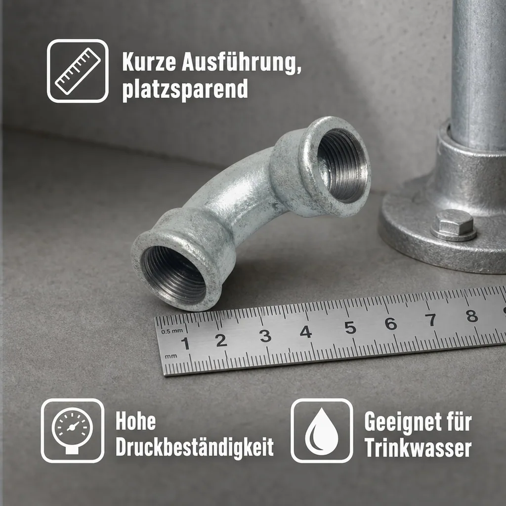 Gewindefitting Temperguss Bogen 90°, 1 1/4 Zoll IG x IG, kurz