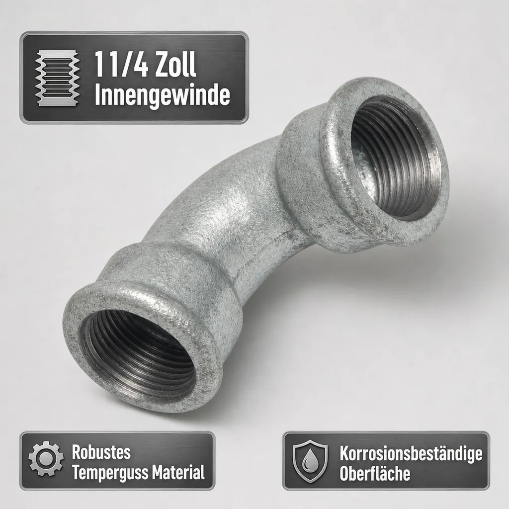 Gewindefitting Temperguss Bogen 90°, 1 1/4 Zoll IG x IG, kurz