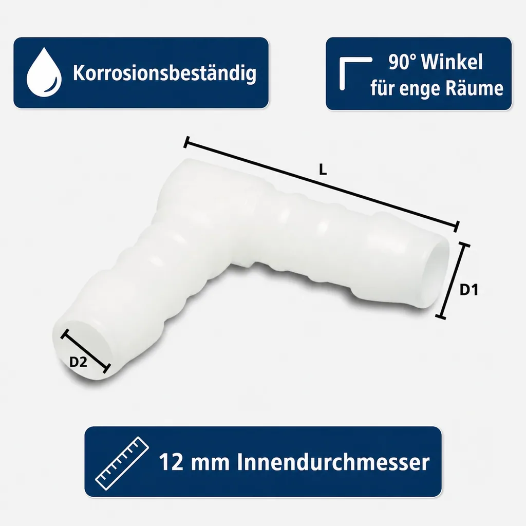 Schlauchverbinder 12mm, Winkel 90°, Kunststoff, Schlauchkupplung