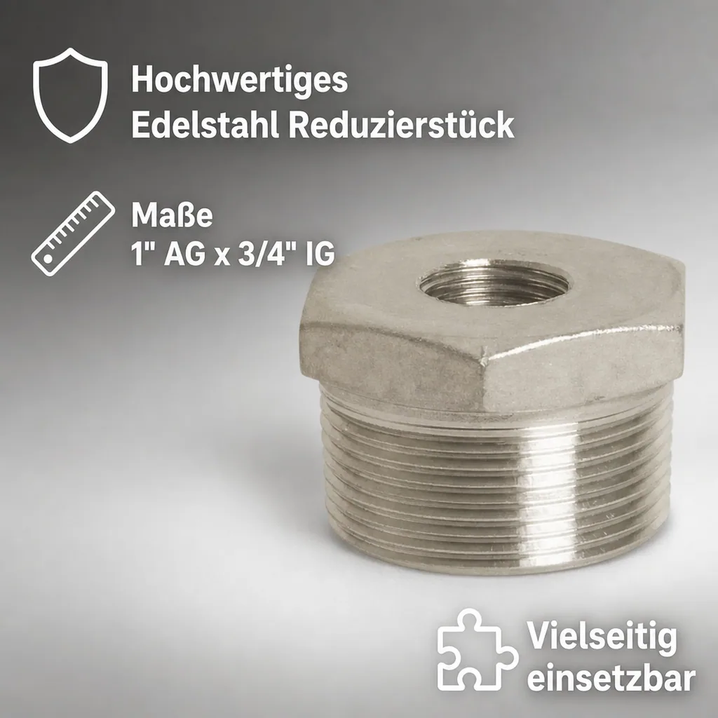 Edelstahl Reduzierstück, Gewindefitting Edelstahl, 1" AG x 3/4" IG, V4A, Reduzierverbinder