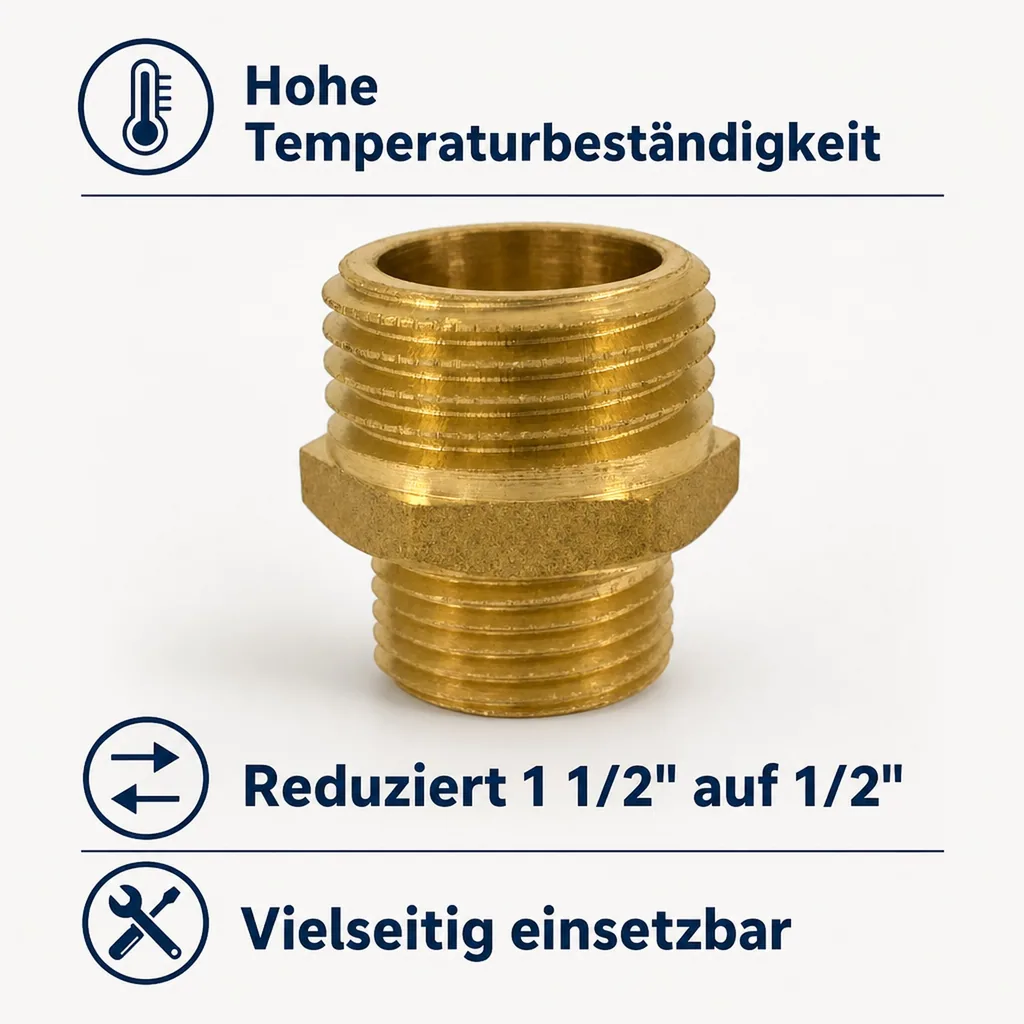 Messing Fitting, Doppelnippel reduziert, 1 1/2" AG x 1/2" AG