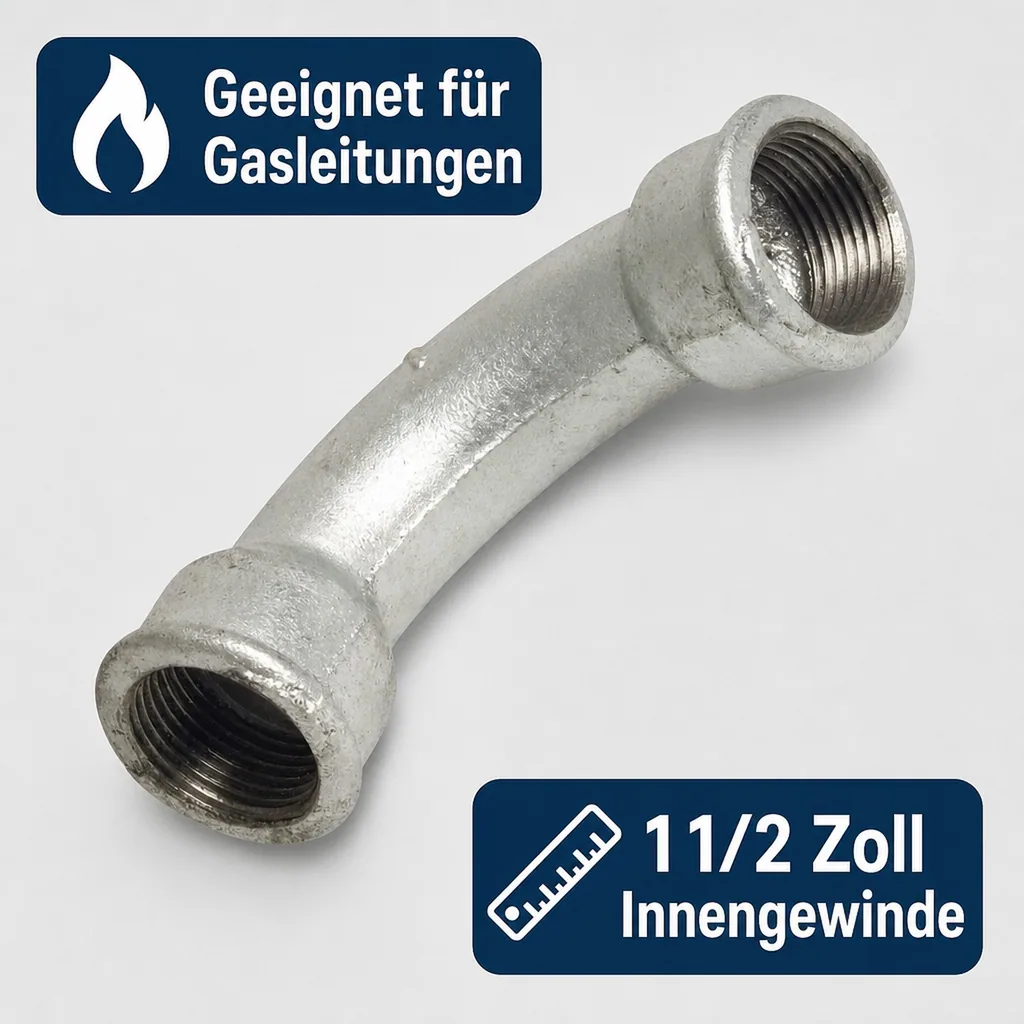 Gewindefitting Temperguss, Bogen 90 Grad, 1 1/2 Zoll, Rohrverbinder