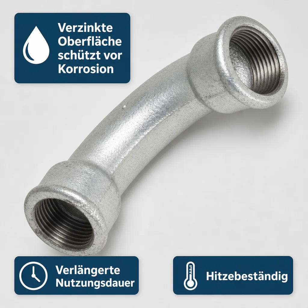 Gewindefitting Temperguss, Bogen 90 Grad, 1 1/2 Zoll, Rohrverbinder