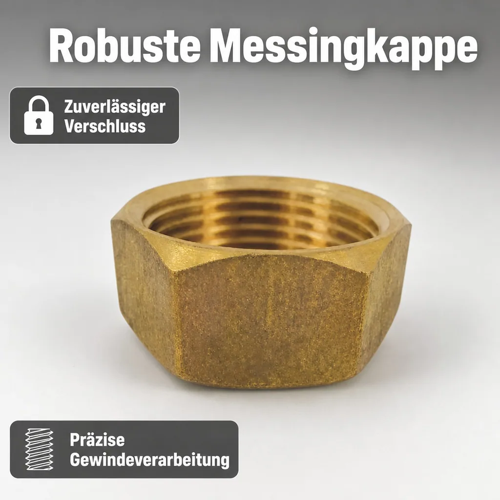 Messing Kappe, Gewindefitting Messing, 1 1/2 IG, Rohr Kappe