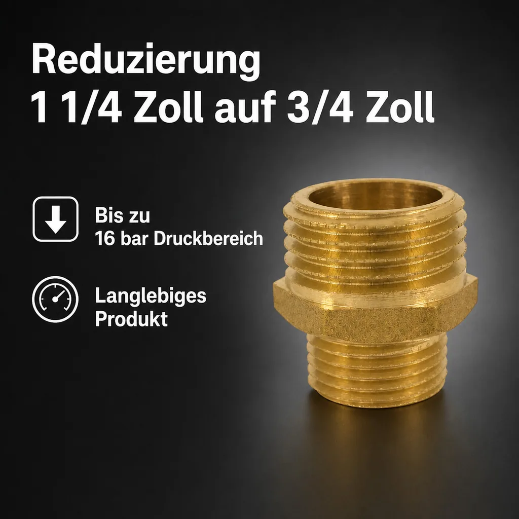 Doppelnippel reduziert, Gewindefitting Messing, Reduziernippel, 1 1/4 Zoll x 3/4 Zoll