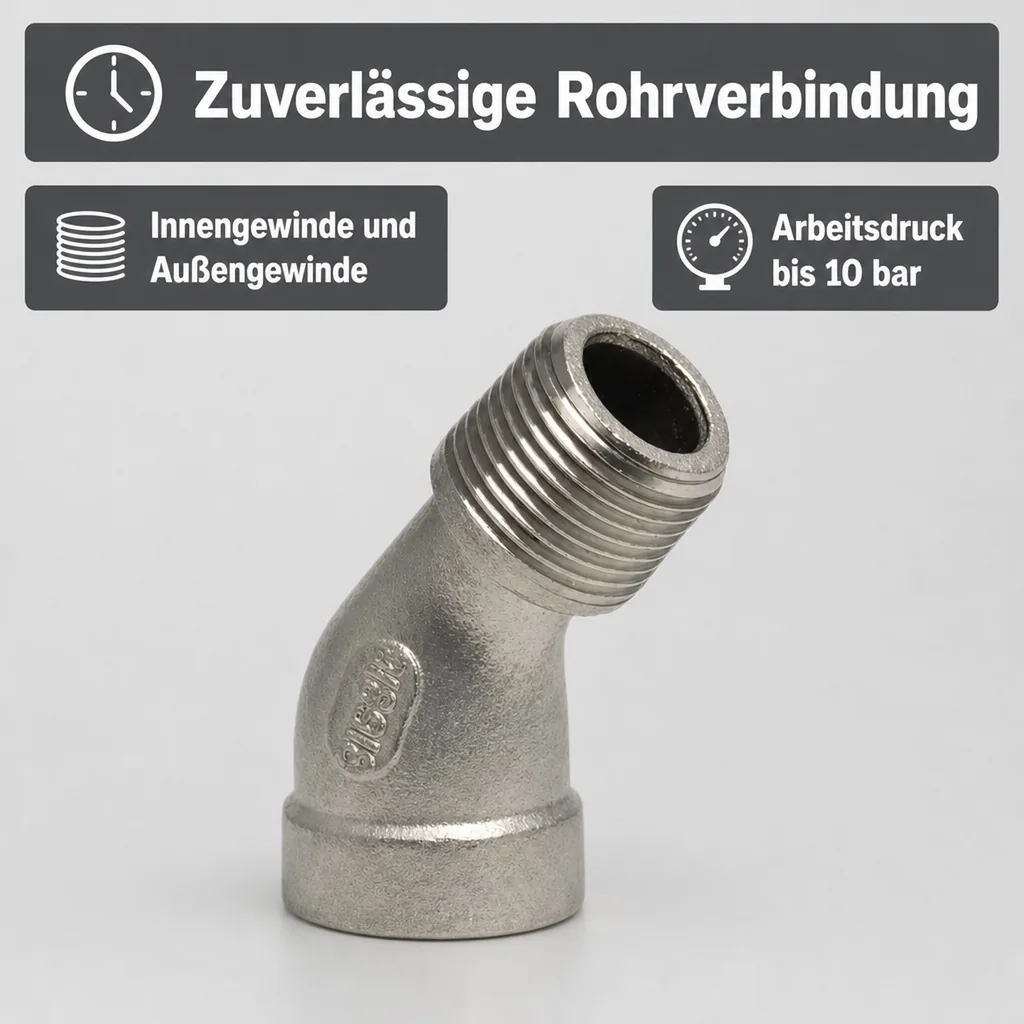 Edelstahl Winkel 45 Grad, Gewindefitting, 1 1/2 Zoll IG x AG