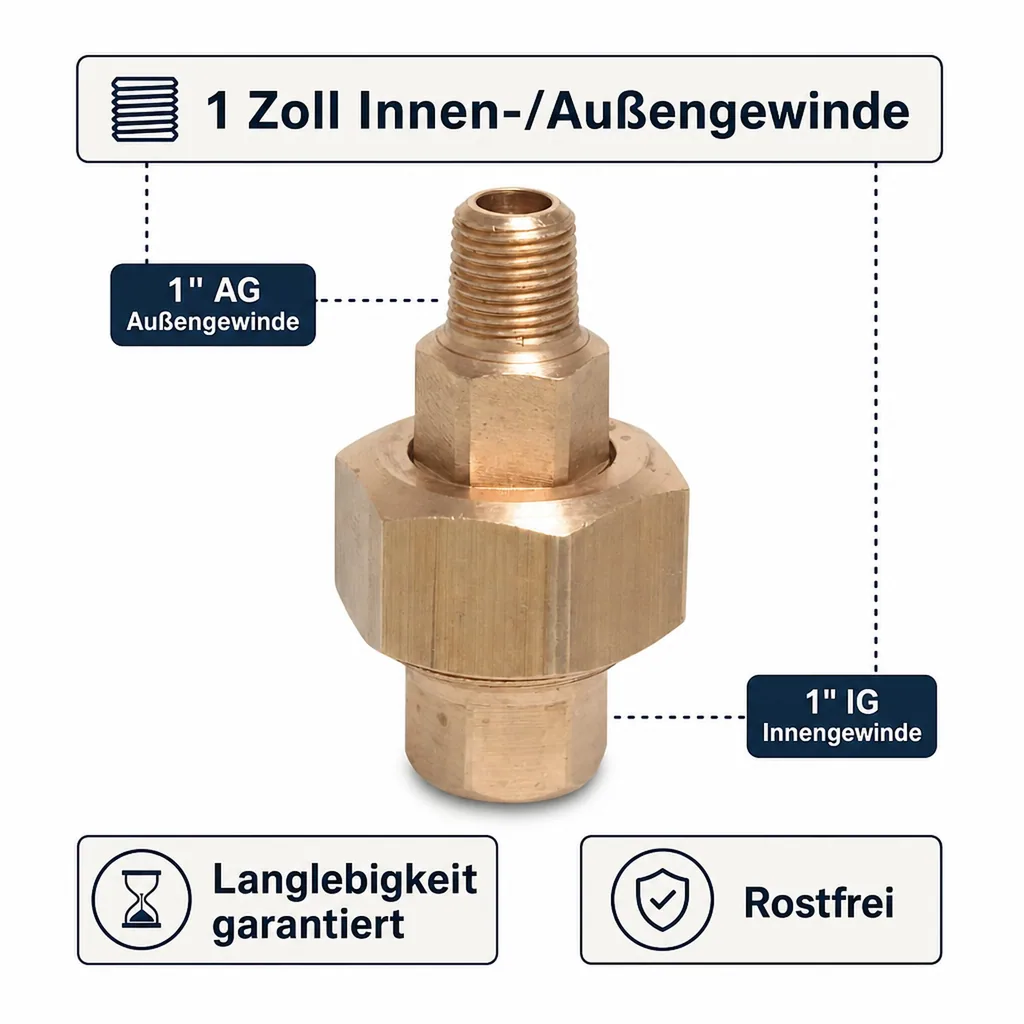 Messing Verschraubung 1 Zoll, Gewindefitting, 1" IG x 1" AG, Konisch Dichtend