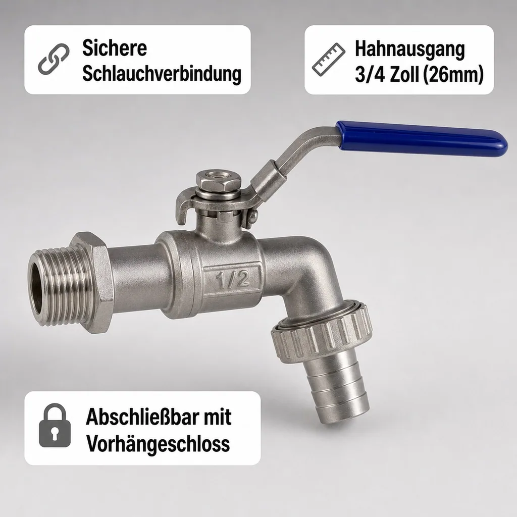 Edelstahl Kugelauslaufventil mit Hebel 1/2"