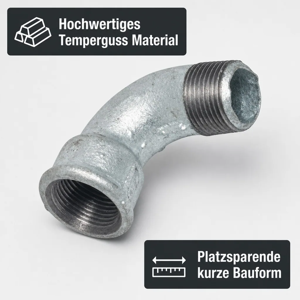 Gewindefitting 2 Zoll, Temperguss Bogen 90 Grad