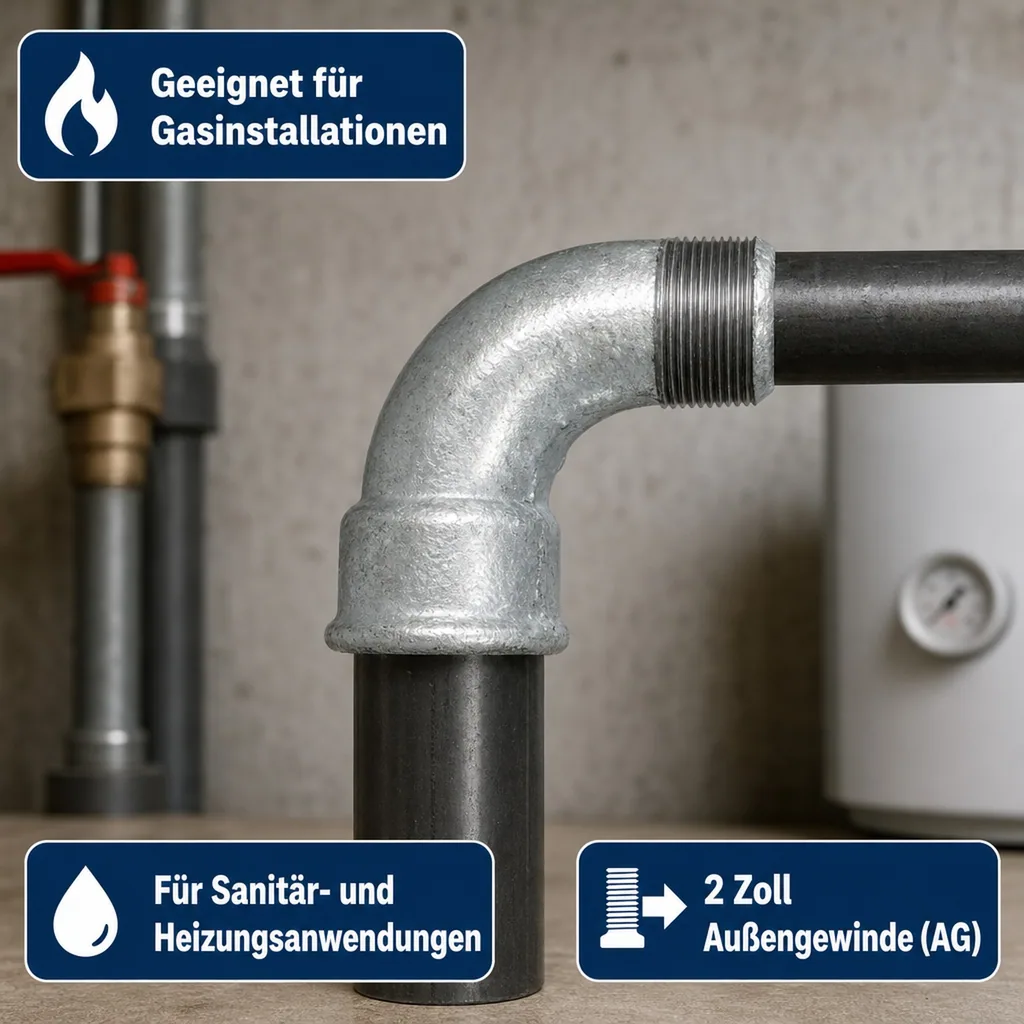 Gewindefitting 2 Zoll, Temperguss Bogen 90 Grad