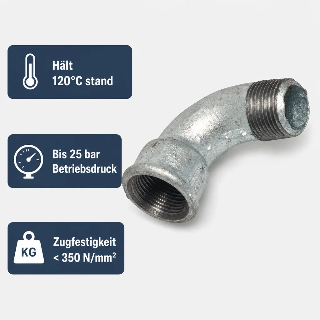 Gewindefitting 2 Zoll, Temperguss Bogen 90 Grad