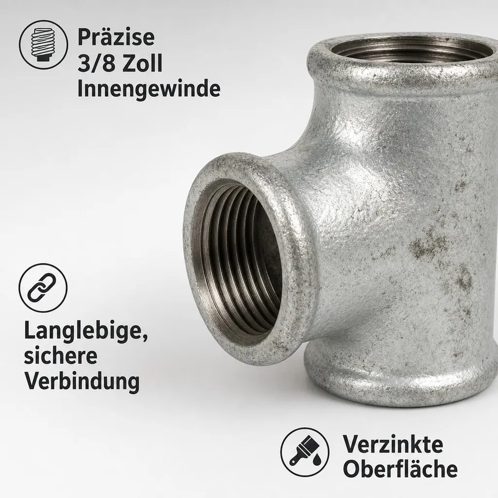 T Stück Temperguss, Gewindefitting 3/8 Zoll, verzinkt