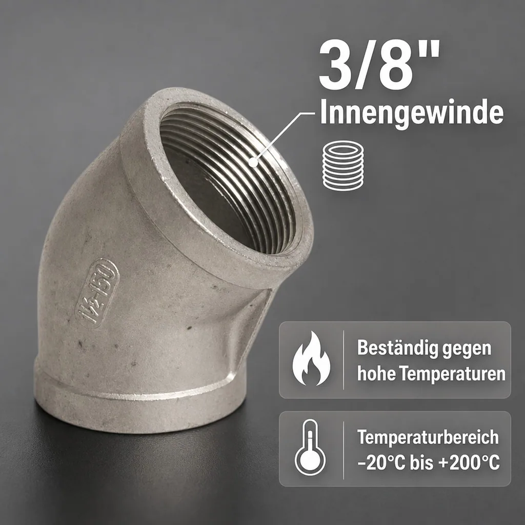 Edelstahl Winkel 45 Grad, Gewindefitting, 3/8" IG, V4A, Innengewinde