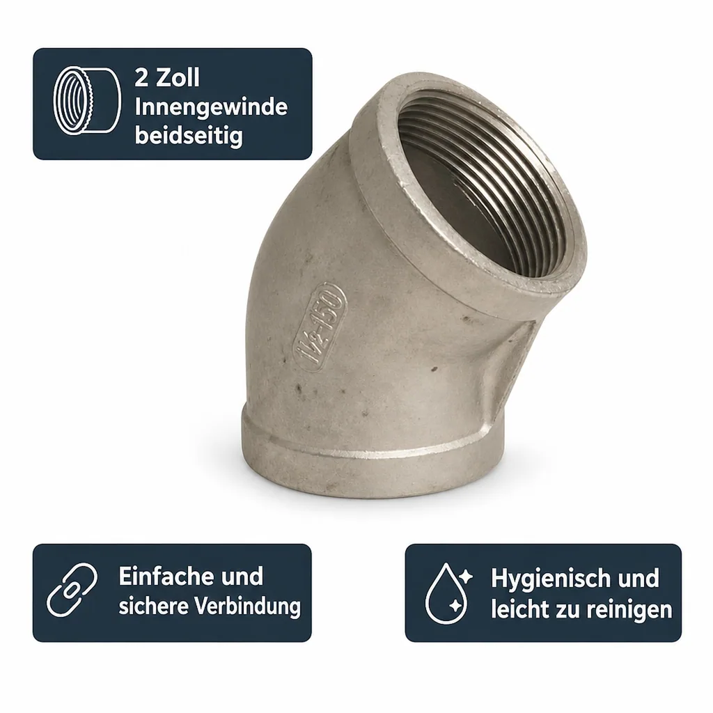 Edelstahl Winkel 45 Grad, Gewindefitting, 2 Zoll IG, V4A Winkel