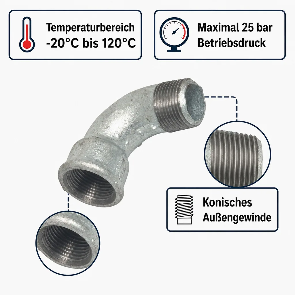 Gewindefitting Temperguss Bogen 90° kurz 3/4" IG x 3/4" AG