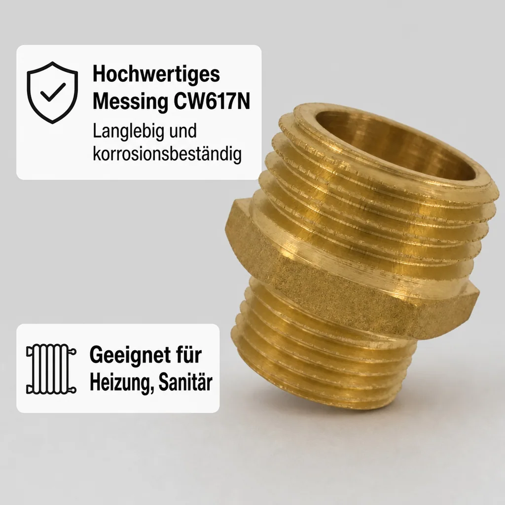 Doppelnippel reduziert, Messing, Gewindefitting 1 1/2" AG x 3/4" AG
