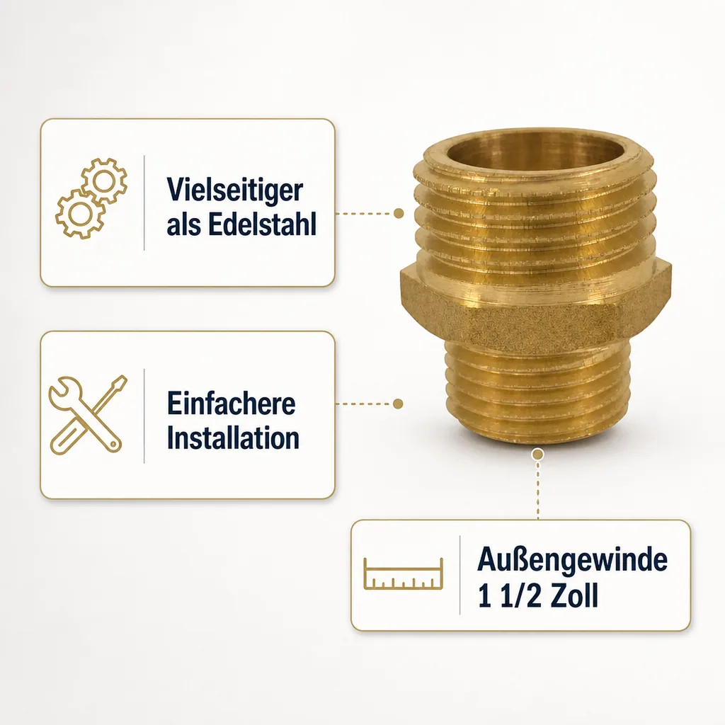 Doppelnippel reduziert, Messing, Gewindefitting 1 1/2" AG x 3/4" AG